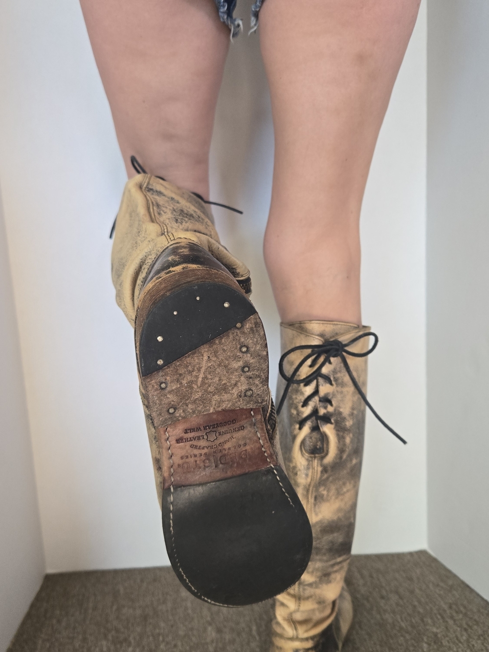 BED|STU Distressed Tan and Black-Wash Over-the-Knee Leather Boots - Picture 9 of 10